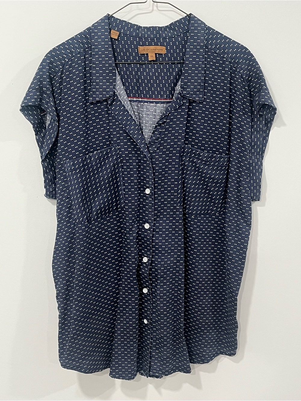 Navy Cap-Sleeve Button Front Shirt with Micro Dot Print